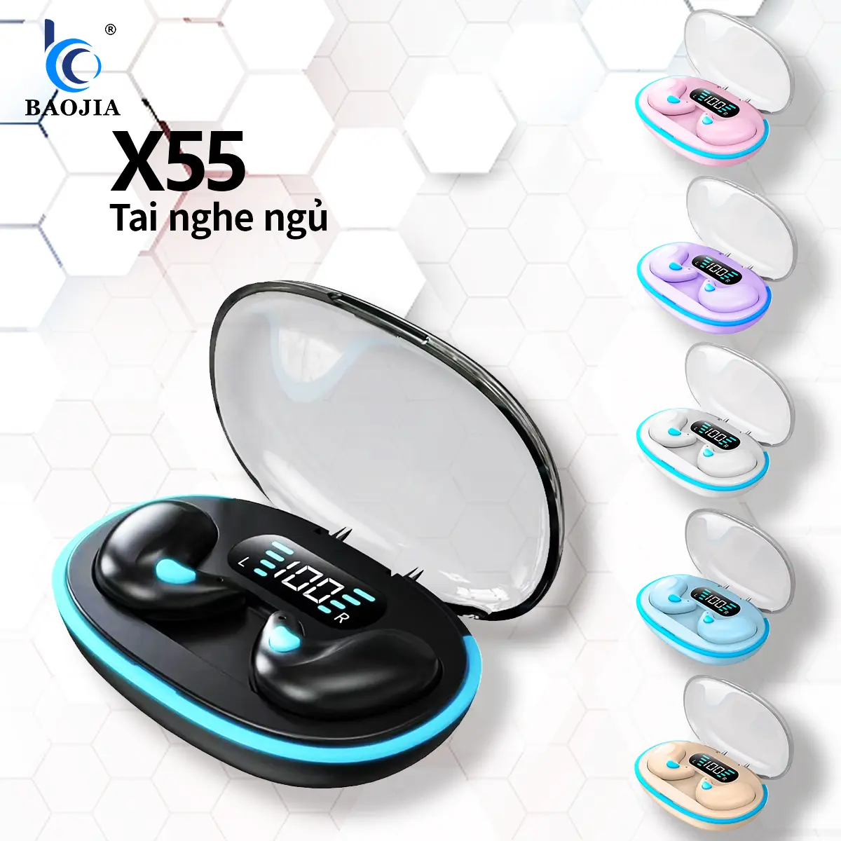 HQAi - Tai nghe nhét tai ngủ X55, với âm thanh nổi Hi-Fi, không thấm nước, tích hợp mic, khử tiếng ồn, cho iPhone  Andriod , điều khiển cảm ứng Nghe Nhạc 3quà tặng (dây buộc miễn phí+tay áo trò chơi+nhãn dán)