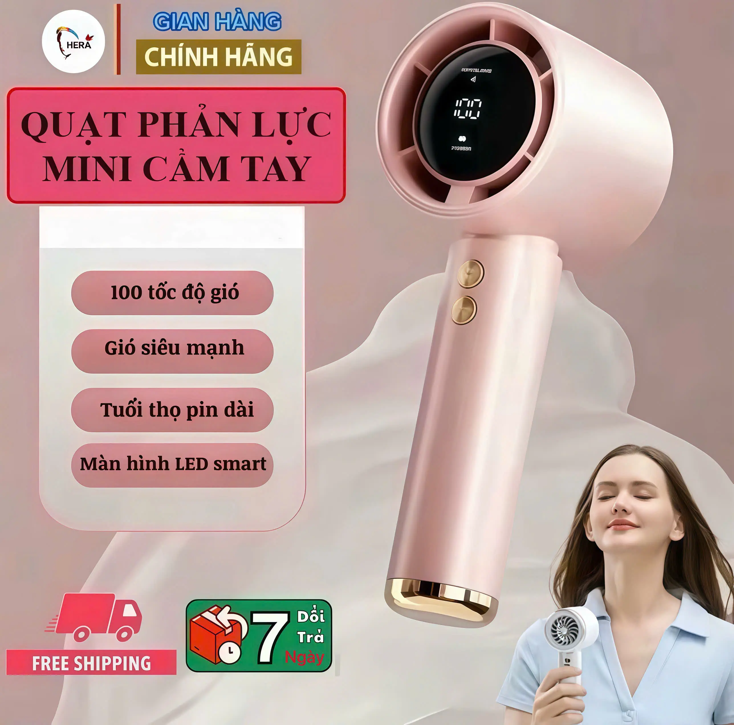[AnhHera] Quạt mini Turbo pin di động có thể sạc gió mạnh 100 tốc độ turbo phản lực màn hình có hiển thị pin thông số kỹ thuât