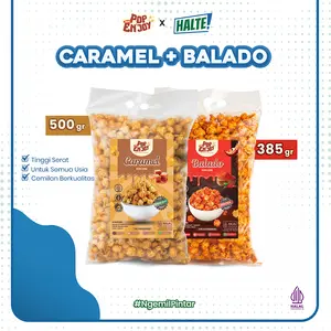 POPCORN COMBO CALO [ISI 2pcs] - Halte Snack x PopENjoy / Makanan Ringan Manis Crispy Camilan Popkron Caramel Balado Snack Jagung Cemilan Sehat Food Instant