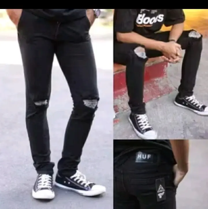 celana jeans ripped sobek lutut pria model slim fit Denim celana jeans sobek panjang pria celana jeans sobek lutut panjang