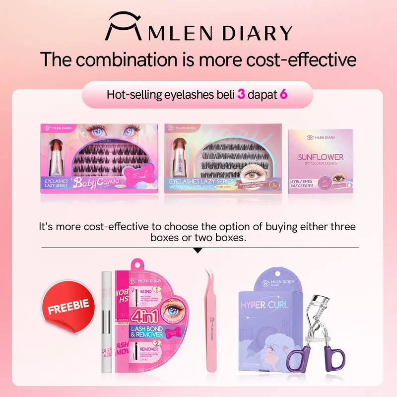 【BELI 1 DAPAT 5 】MLEN DIARY Bulu Mata Set Kombinasi Bulu Mata Terlaris, Paket Hadiah Diskon, Sunflower,Baby Comic,3IN1Bulu Mata lash bond dan remover+penjepit bulu mata 1