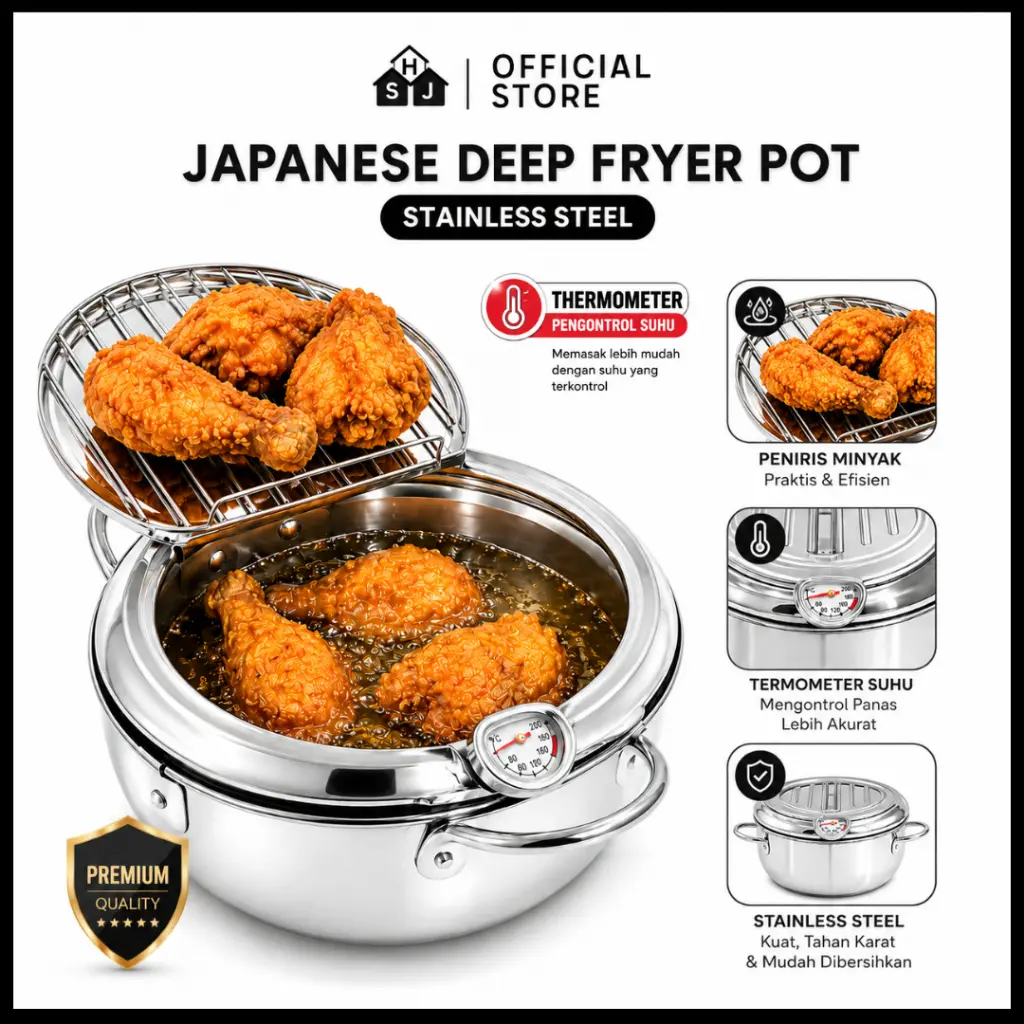 Panci Deep Fryer 2.2L Stainless Steel Premium dengan Termometer Rak Peniris Minyak Japanese Fryer Pot