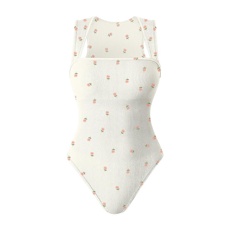 OQQ  Women's Printed Bodysuits For Women Ribbed Strappy Square Neck Stretch Tank Tops Bodysuits Womenswear 3