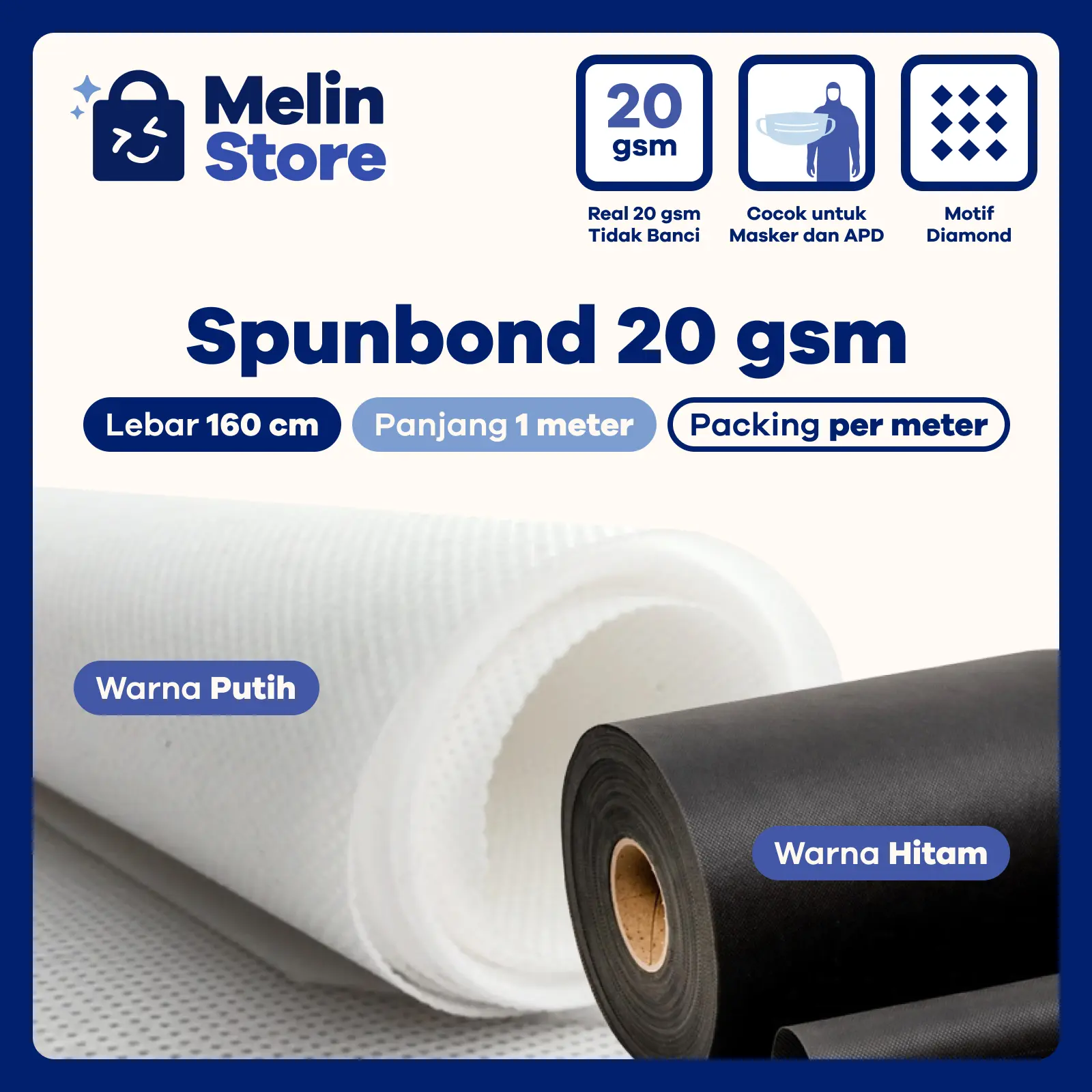 [Packing per meter] Kain Spunbond 20 gsm Non Woven - Putih & Hitam - Untuk Masker APD Buket Bunga