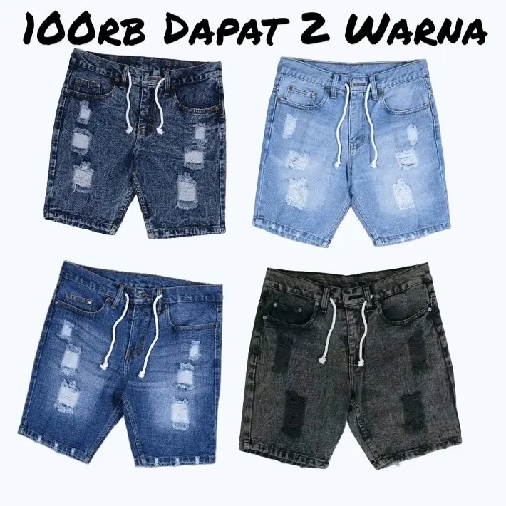 Paket Hemat Celana Pendek  Pria Dewasa Jeans Sobek 100rb 2 Warna. Kain Denim Distro Tebal Nyaman Tali Panjang
