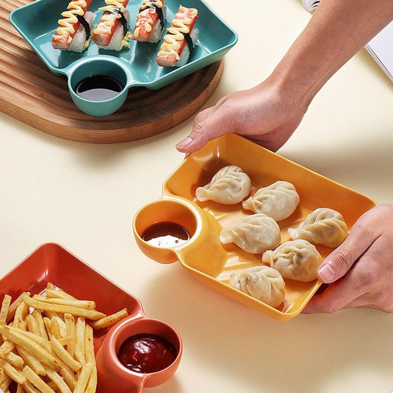 Product Introduction of Household Creative Dumpling Plate With Vinegar Dish, Dumpling Plate, French Fries, Dipping Saucer, Sushi Grid Plate, Square Universal Dining Plate 37
