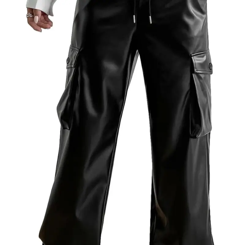 Cargo pants leather PU High waist Celana Cargo Semikulit Fleksibel pinggang Karet 3