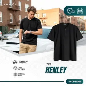 EVERNEXT - Kaos Polos Henley Tee Kaos Kancing Lengan Pendek Basic T-Shirt Pria