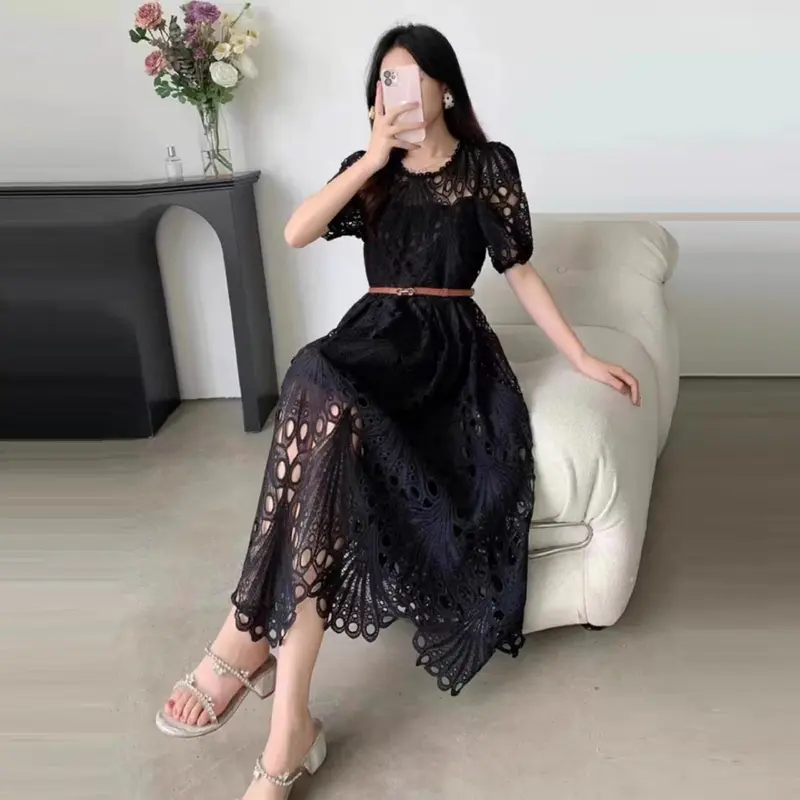[ Marsha Ambroidered Lace Dress ] Fit Size M-L Fashion Gaun Wanita Dres Katun Bordir Katbol Formal Outfit Party Pesta Elegan Anggun Feminim Hitam Kuning Hijau Putih Kondangan Simple Natal Mewah 2