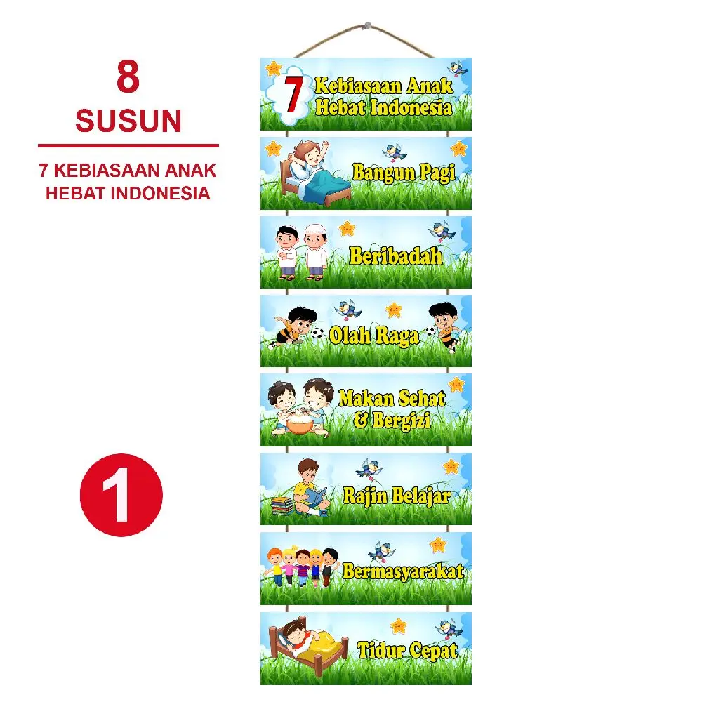 Hiasan Gantung 7 Kebiasaan Anak Hebat Indonesia - Wall decor Pajangan Ruang Kelas - Poster Kayu Ruang Kelas Dinding