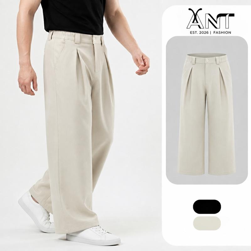 ANT FASHION QUẦN ỐNG RỘNG Kaki Nam Ống Rộng Cạp Chun Bán Phần Vải Kaki Nhật Loại 1 Dáng Suông Xếp Ly Thanh Lịch Chuẩn Form Hàn Quốc Đi Làm Đi Chơi