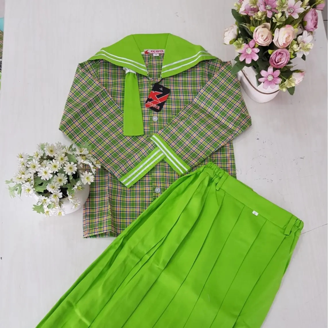 BAJU SERAGAM KOTAK HIJAU PANJANG  UNTUK ANAK TK DAN PAUD