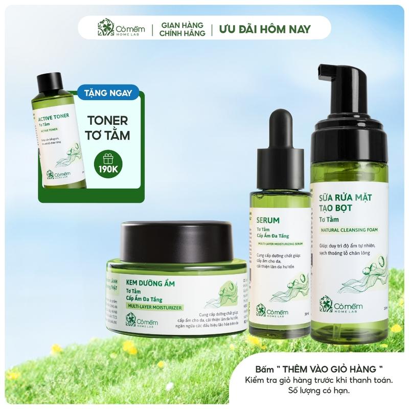 Bộ Chăm Sóc Da 3 Bước Sữa Rửa Mặt Làm Sạch Sâu Serum Kem Dưỡng Cấp Ẩm Tơ Tằm Cỏ Mềm Cho Da Thường Đến Khô