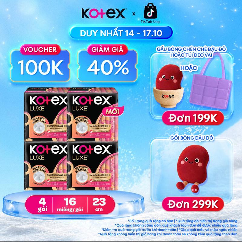[QUÀ TẶNG HOT] 4 gói băng vệ sinh nữ Kotex Nhập Khẩu Luxe ban ngày 23cm, 16 miếng/gói, Siêu mỏng cánh, Cao cấp, Mặt bông êm mềm, khô thoáng, thấm hút nhanh, chống tràn, bvs kinh nguyệt nhiều, miễn phí vận chuyển, bvs chính hãng, tampon.