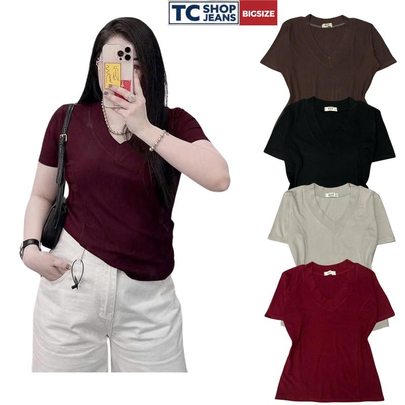 Áo thun nữ cổ tim BIZE bigsize 55-90kg chất borip lụa đi chơi, concert MS 9006