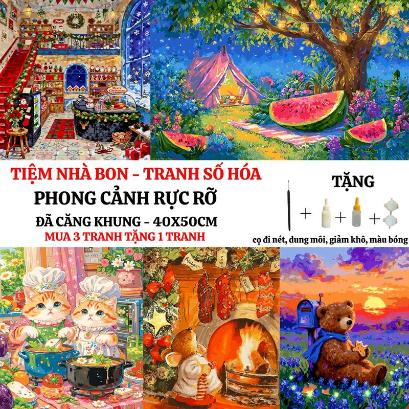   40X50cm-CÓ BACKBOARD  Tranh tô màu theo số PHONG CẢNH RỰC RỠ có sẵn khung cọ vẽ màu vẽ tặng màu bóng giảm khô màu dung môi pha loãng và cọ chuyên dụng. Mua 3 tranh tặng 1 tranh Diy 