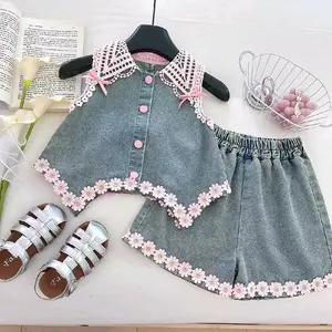 [Celyne_Label] C30464 Baju Setelan Anak Perempuan dengan Renda Bunga dan Detail Kancing Cantik Jeans