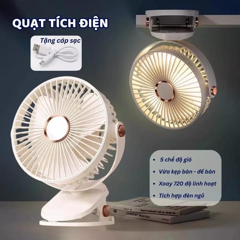 Quạt tích điện kẹp bàn 10000mah 5 mức độ gió kẹp để bàn, xe đẩy có đèn led sử dụng liên tục nhiều giờ