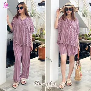 Set Piyama Wanita Sheila Oneset Salur Baju Tidur Satu Set Kekinian Yayuku by Yayoe Hijab - Celana, Muslim, Katun - Setelan