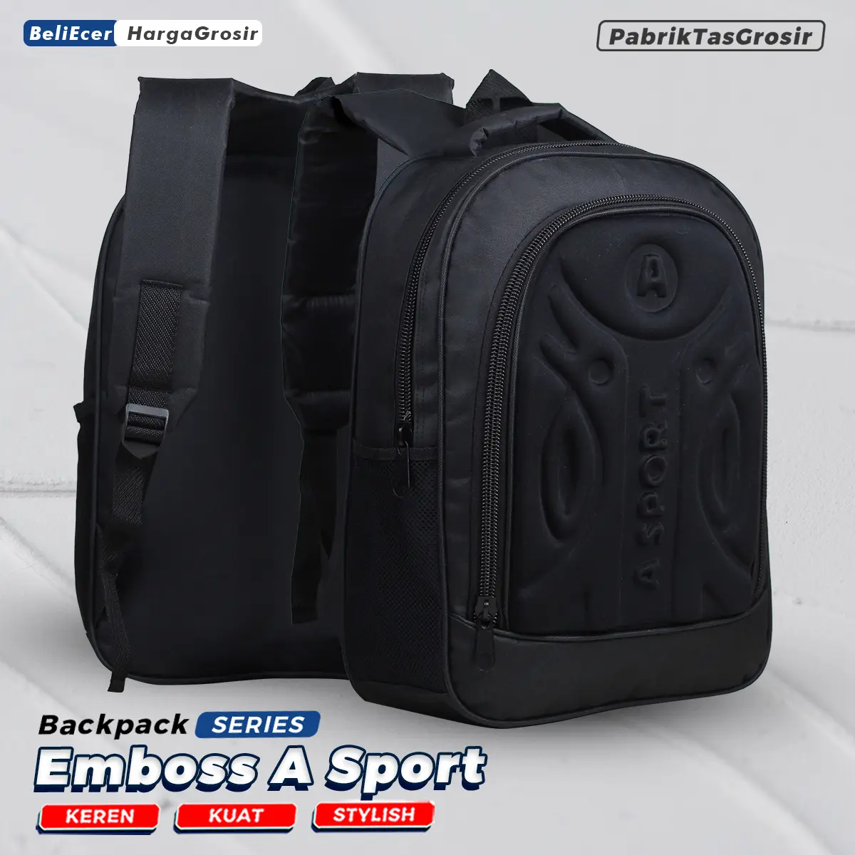 Tas Ransel Laki-Laki Emboss A Sport Hitam SD TK Termurah Backpack Gendong Anak Timbul Bahan D300 Bonus Rain Cover Motif Fashion Smp