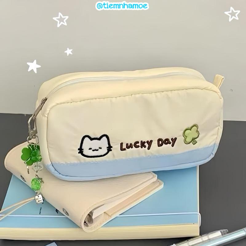 Túi bút, túi đựng bút Lucky Day vải dù form mềm 2 ngăn, hoạ tiết thêu tỉ mỉ phù hợp mọi đối tượng