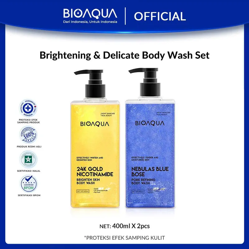 【BPOM】BIOAQUA Body Wash 2pcs Set Grass Green AHA FRUIT ACID Body Wash / 24K GOLD NICOTINAMIDE Glowing Bath Cream Soap / GALAXY PINK HEXAPEPTIDE Shower Gel / Nebulas Blue Bose Pores Refining Cleaning Liquid 1