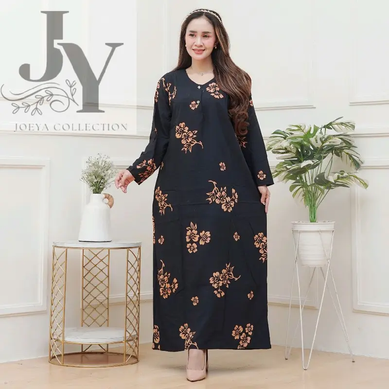 Daster lengan panjang Daster Gamis kekinian Daster Batik Rayon premium motif terbaru adem halus dan nyaman busui frendly daster gamis harian Wanita Hitam Dress Kancing dasteran cantik 2