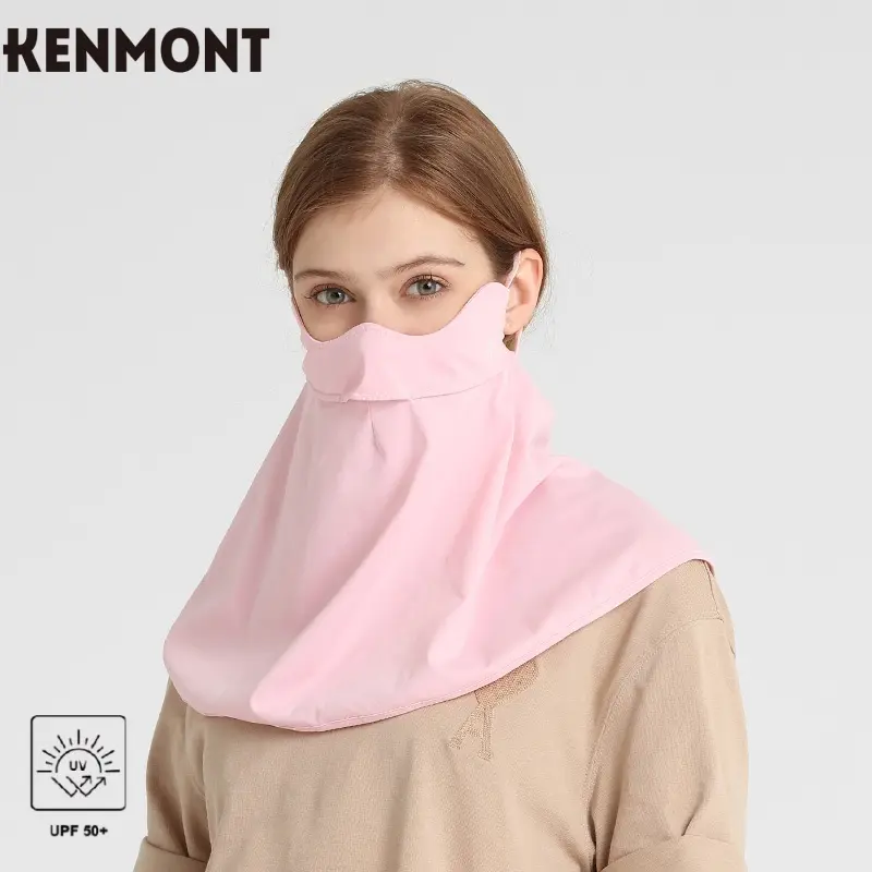 KENMONT Washable UPF 50+ Women Sunscreen Mask Fashion Ice Silk Face Cover Neck Protection Breathable Hanging Ear Riding Face Guard