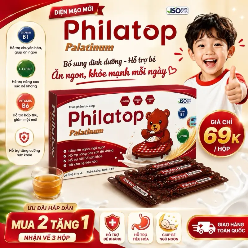 Philatop Siro ăn ngon bổ sung L-Lysine Vitamin B1 B6 hỗ trợ ăn ngủ ngon nâng cao sức khỏe Hộp 20 ống cho trẻ em và người lớn