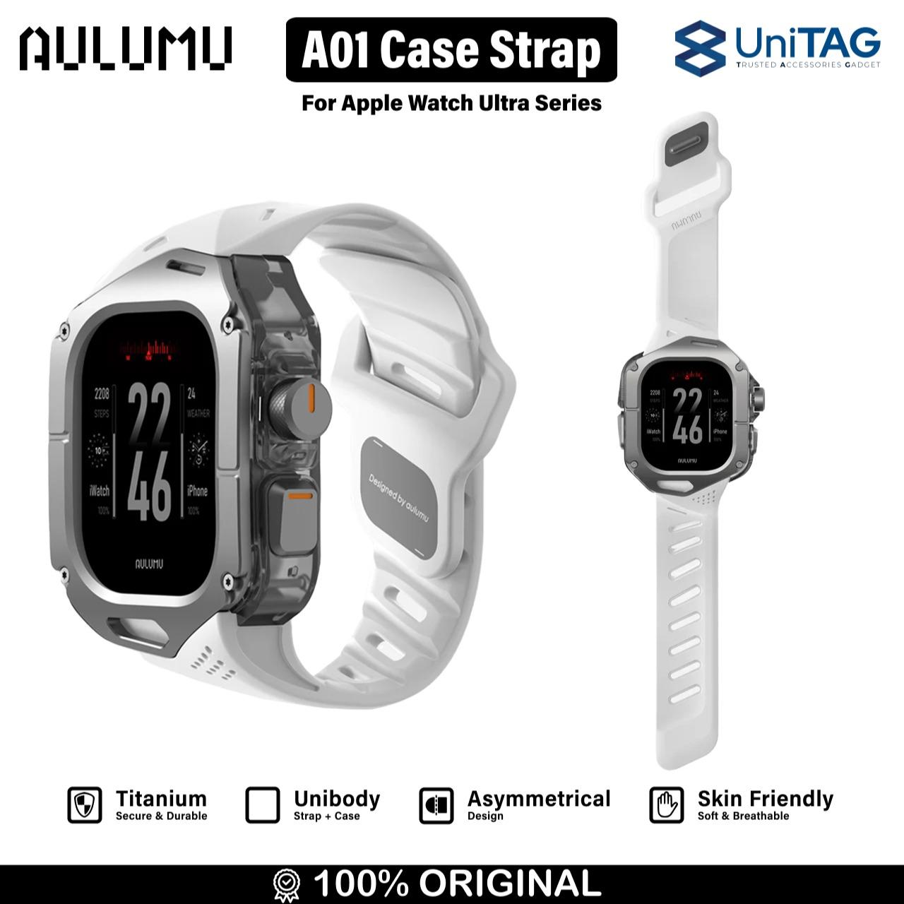 Aulumu Apple Watch Ultra 49mm (Series 3 / 2 / 1) Case Strap A01 Titanium Cover | FKM Band - White A01-TI-WT
