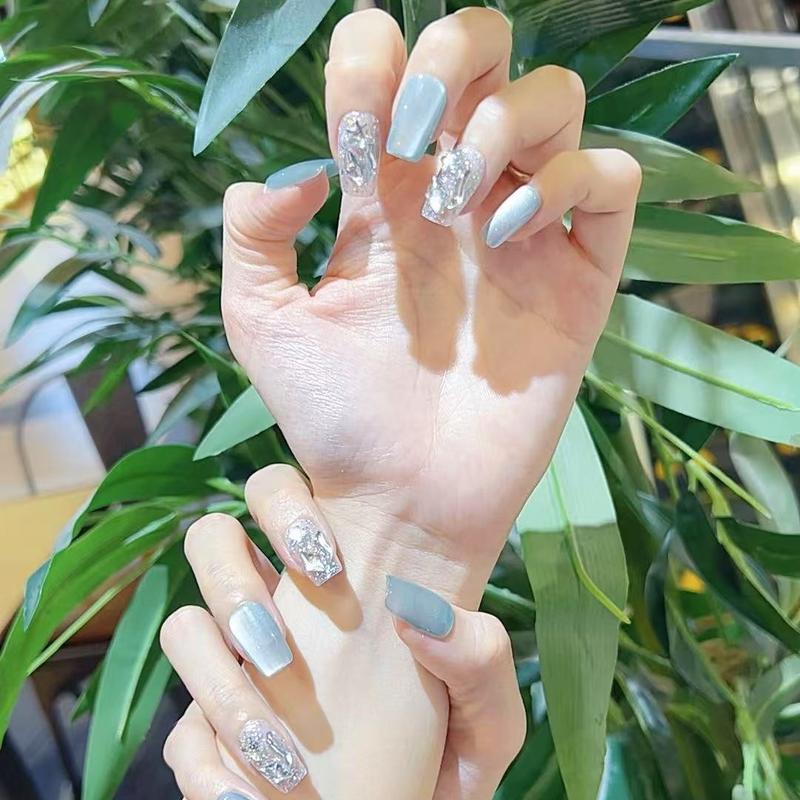 (A350) Nailbox , Móng Tay Giả , Thiết Kế Gương Ngọc Lam Hình Dạng Hình Thang, Đính Đá Hình Hoa Độc Đáo, Chất Liệu ABS Sang Trọng, Phù Hợp Với Hầu Hết Các Kích Cỡ Tay