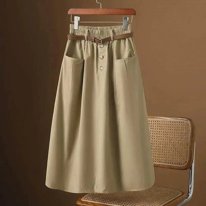 A-line skirt for girls women Korean style highwaist summer Solid elastic casual fashion mid length large swing skirts