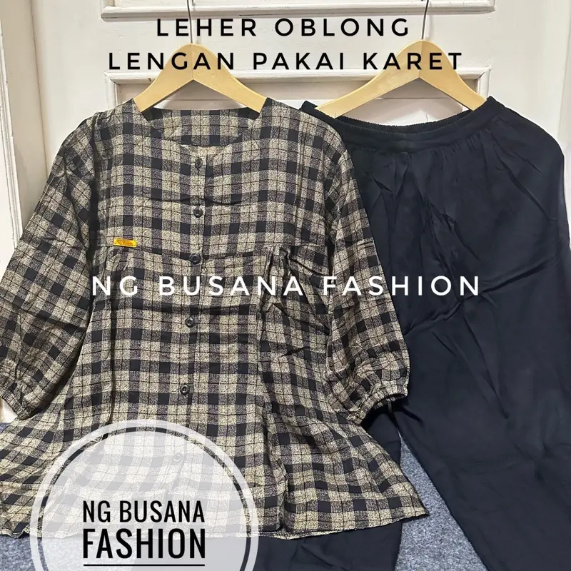 Setelan wanita 2025 one set rayon kekinian Motif kotak terbaru celana Panjang tersedia Kantong Nyaman di pakai 1