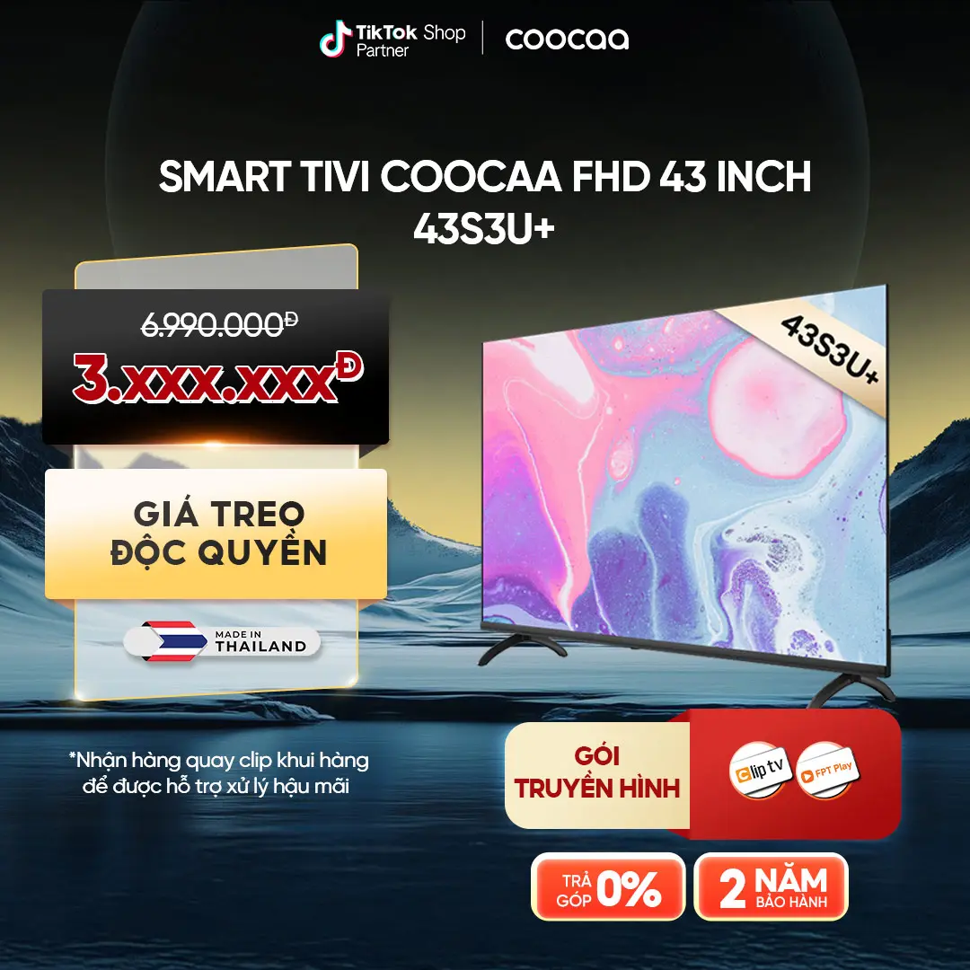 [DEAL SALE SOCK- TẶNG GIÁ TREO] Tivi thông minh Coocaa Smart Tivi Full HD Coocaa 43 inch - Model 43S3U+ - RAM 512MB/ROM 4GB- Truy cập Youtube - Trình duyệt Website - CC Cast - Không điều khiển giọng nói