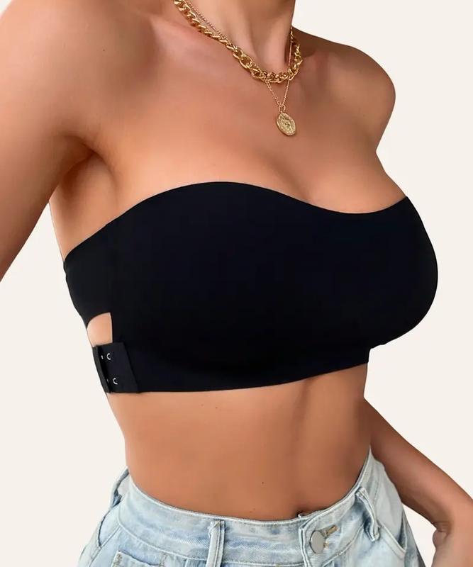 Women's Solid Color Buckle Side Criss Cross Bandeau Bra, Push Up Strapless Bra, Soft Comfortable Breathable Lingerie for Daily Wear 2