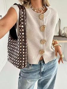 Chaleco de punto elegante para mujer con botones, diseño sin mangas y cuello redondo, detalles únicos con forma animal para un estilo otoñal a la moda