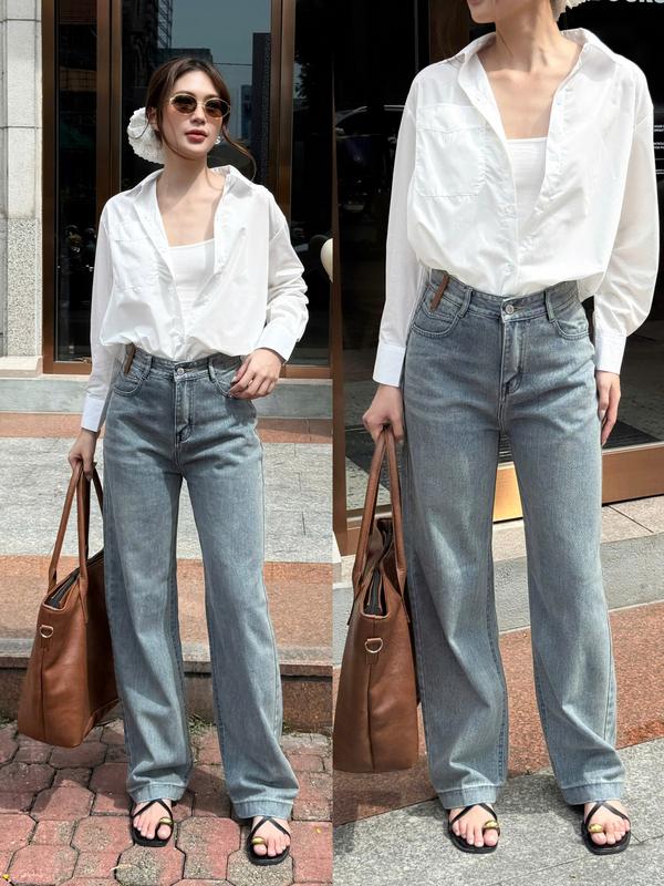 THE QUẠO - Quần Jeans Nữ Lưng Cao Ống Suông Đĩa Kiểu Xanh Bụi Vàng S1108_708