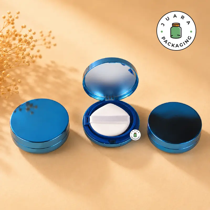 Wadah Cushion 11ml – Kemasan Cushion Warna Biru Glossy Elegan dengan Sponge Puff Untuk Bedak Cushion Cair atau Padat Refill Kosong Ukuran Mini 11 ml Cocok Untuk Travel dan Sample Kosmetik