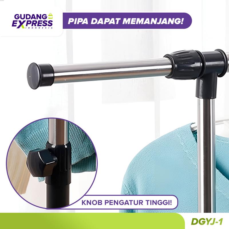 GEI - Stand Hanger Single Praktis Gantungan Baju Stainless Steel Dengan Roda Untuk Gantungan Hijab, Mukena, Handuk, Baju, Kaos Bahan Pipa Stainless 3