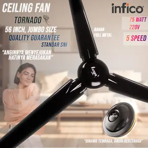 JAMIN ORI! KIPAS ANGIN GANTUNG 56" 3 DAUN TORNADO FULL BESI,DOUBLE BEARING, MOTOR TEMBAGA ASLI FREE BUBBLE CEILING Fan +