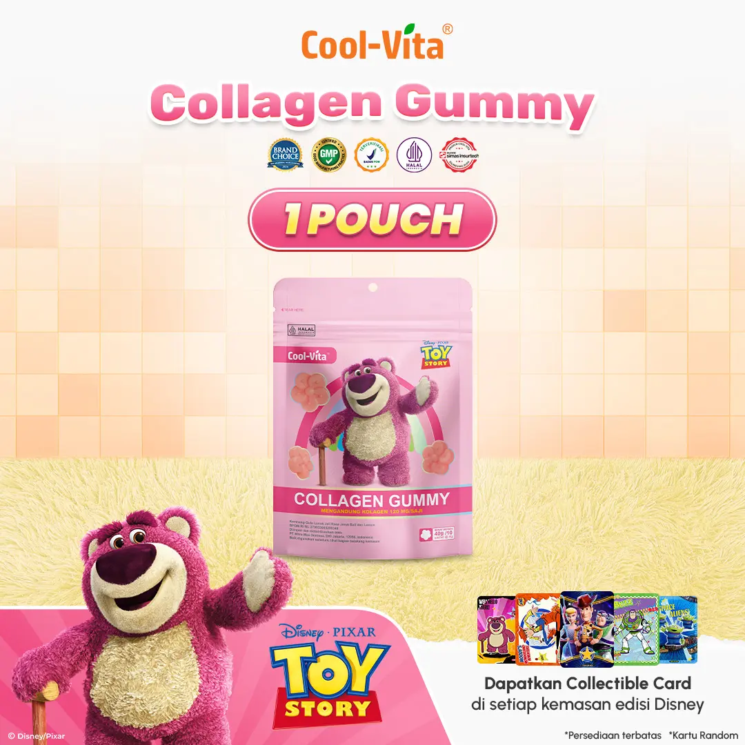 [AIO TT] Cool-Vita - Disney ToyStory5 - 1 Pouch Collagen Gummy 10 Sachet Rasa Jeruk Bali dan Lemon| Gummy Vitamin Mulai 12 Tahun hingga Dewasa|Gummy Collagen Peptide Bantu Jaga Kesehatan Kulit, Kuku, dan Rambut| BPOM & HALAL