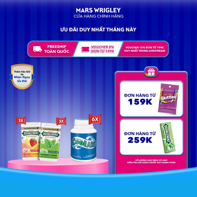  Combo 6 Hũ kẹo sing-gum không đường Doublemint Refreshers mix vị - 3 hũ hương trái cây và 3 hũ hương bạc hà & Combo 6 hũ kẹo Sing-gum Cool Air Candy hương bạc hà - khuynh diệp hũ 40 viên  6 hũ x 40 viên  