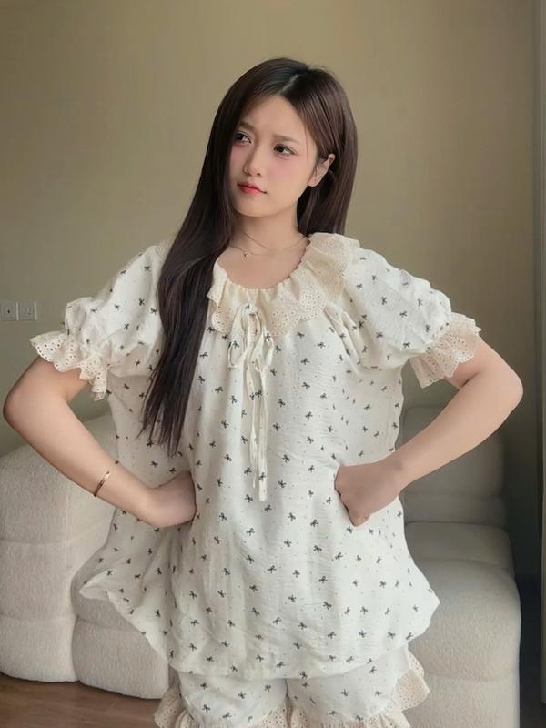  Set đồ ngủ ngắn tay phối ren họa tiết nơ Maybee Homdress 