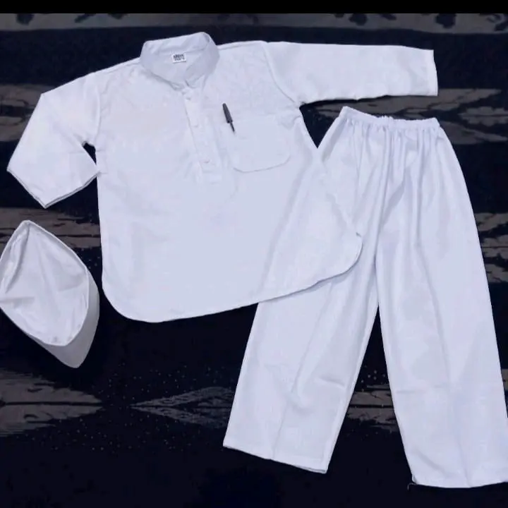 M2- PROMO SETELAN KOKOH KURTA PUTIH SETELAN KOKOH MANASIK HAJI ANAK LAKI LAKI Baju Celana Muslim Katun Peci 1