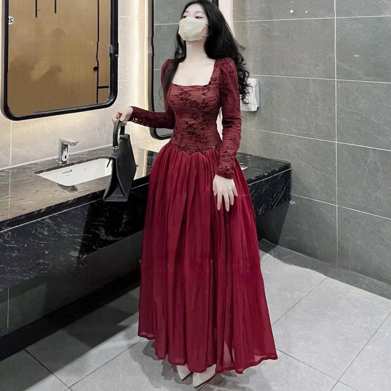  Váy Ren Cổ Vuông Tùng Váy Tơ Sang Trọng Nữ Tính Từ 40-54kg Váy Dự Tiệc Váy Thiết Kế 