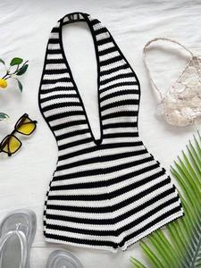 Conjunto de Shorts para Mujer, Nueva Moda Cómoda y Versátil, Escote Profundo en V, Top tipo camiseta con tirantes delgados a rayas, Ropa Elegante para Todas las Estaciones