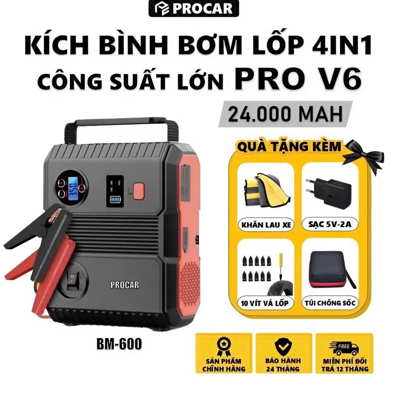 [PRO V6 24000MAH] Bơm lốp kiêm Kích bình Ô tô, Xe máy, công suất lớn 3000A, có đèn Pin chiếu sáng Sạc dự phòng. Bảo hành 24 tháng