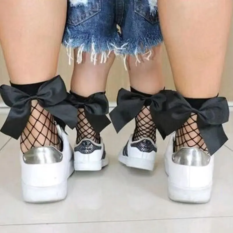 2PCS Mesh children's socks in summer bow mesh baby mid-tube socks hollow hole princess parent-child socks