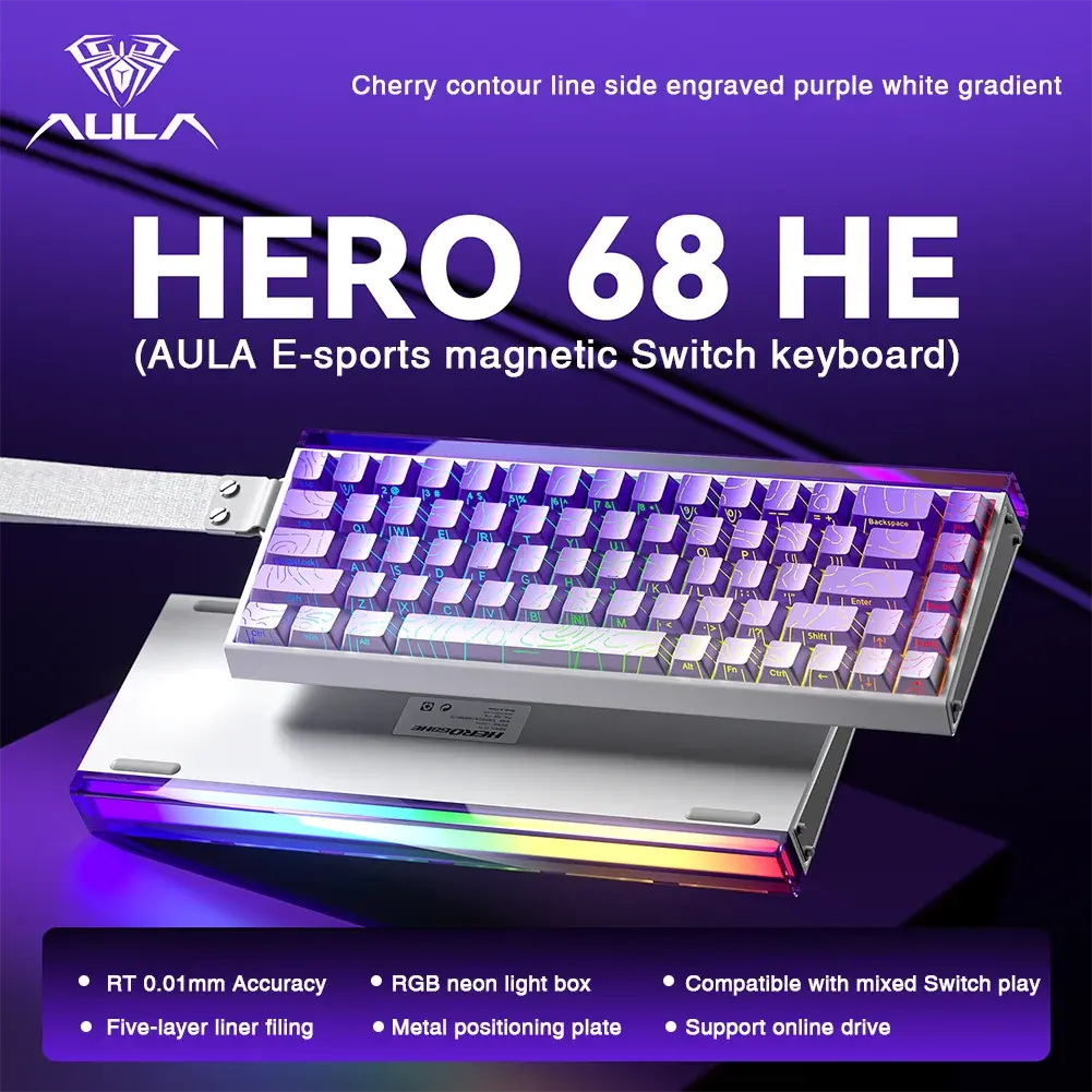 【AULA HERO 68HE Magnetic Switch Keyboard｜8K Polling Rate】 Pro Gaming Keyboard｜5-Layer Sound Dampening｜Web-Driven Customization｜Valorant Optimized｜RGB Lighting