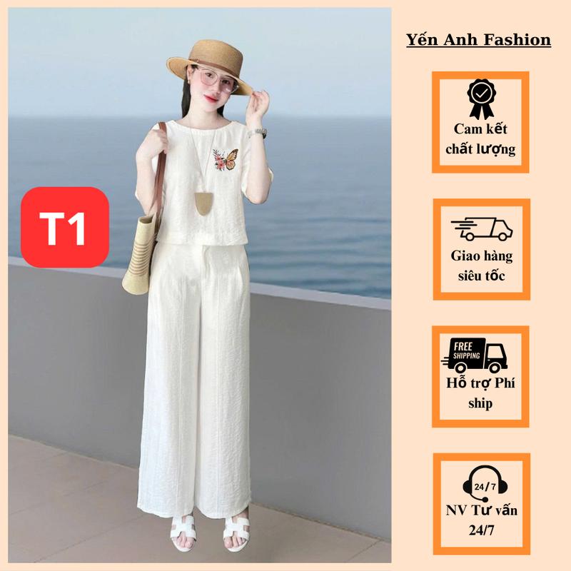 Bộ Thêu Bướm - Hoạ tiết thêu thủ công - Quần ống suông - Chất liệu Đũi Xước Nhật đã qua xử lý, mặc lên dáng tôn da